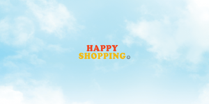 Orange and yellow graphic design that says happy shopping with a smiley face and a bright blue sky with white clouds background.