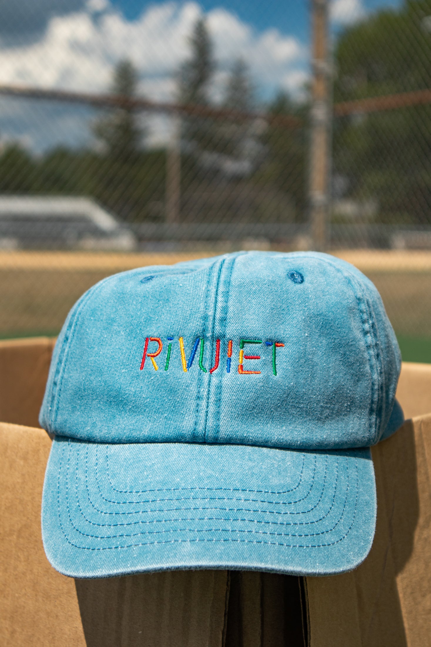 Light blue embroidered Rivulet vintage dad hat . Streetwear fashion for skaters and hypebeast.