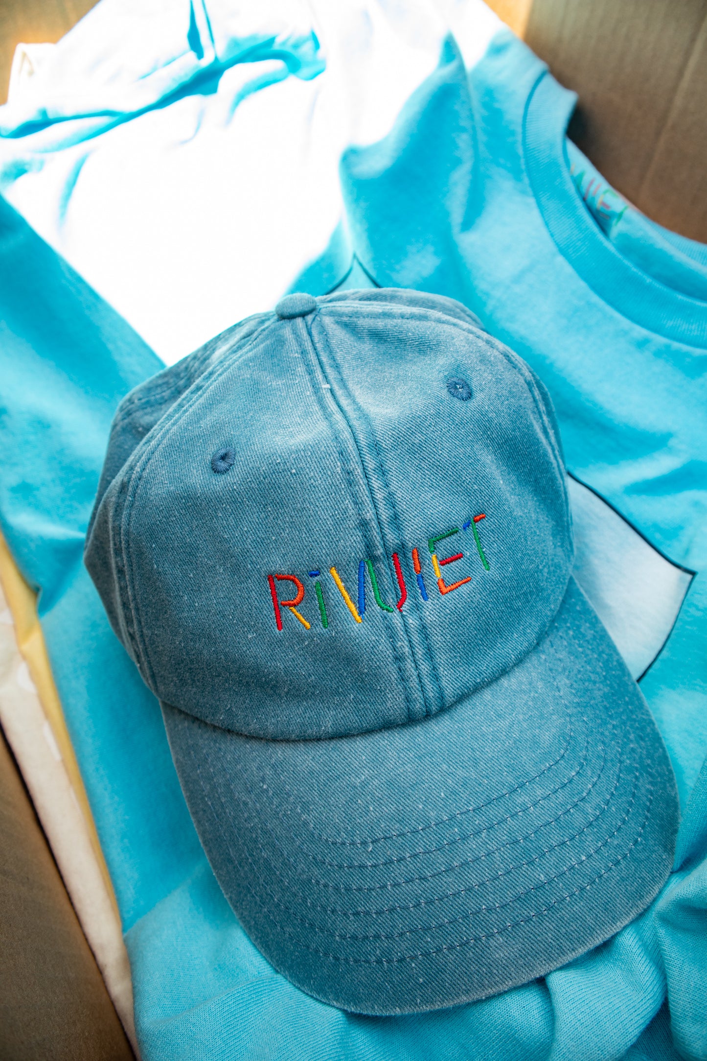 Light blue embroidered Rivulet vintage dad hat . Streetwear fashion for skaters and hypebeast.